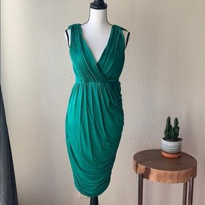 Anthropologie Deletta Green Ruched V Neck Dress